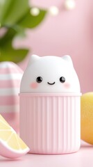 Cute pastel container with a happy face, lemon, and pink decor for a cheerful vibe.