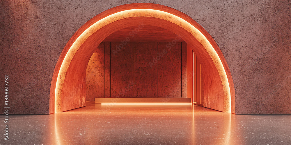 Poster illuminated archway with textured walls and floor, showcasing a minimalist interior design concept, 