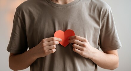 Person holding red paper heart close to chest