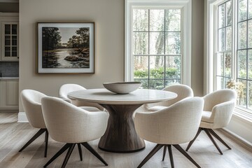 Minimalist dining corner with round chairs and an oval table, beige walls, and modern decor in a bright, contemporary home.