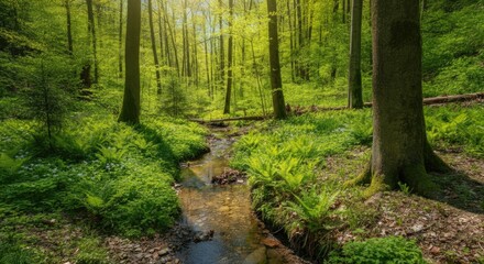 Fototapeta premium Serene forest with meandering stream, lush greenery, and sunlight filtering through trees