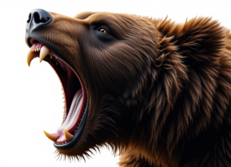 A fierce bear roaring and showing its sharp canine teeth, isolated on transparent background. 