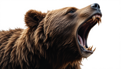 A fierce bear roaring and showing its sharp canine teeth, isolated on transparent background. 