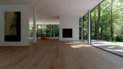 Fototapeta premium Modern minimalist home interior with large windows showcasing a forest view. Open concept, natural light, and hardwood floors