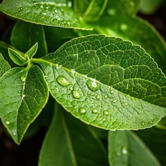 Glistening green leaves with droplets
