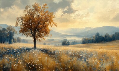 Serene autumn landscape, lone tree, wildflowers.