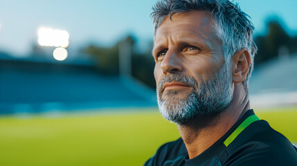 A football coach reflects deeply on tactics as evening light sets over the field