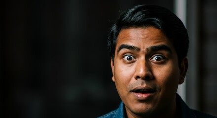 Surprised young asian male portrait with dark background