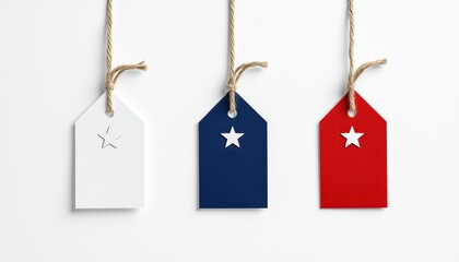 Three decorative tags in red, white, and blue with simple designs for creative projects.