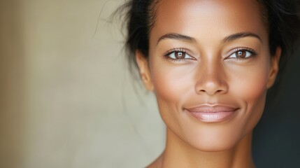 Naklejka premium Smiling woman with glowing skin in a softly lit environment capturing a moment of confidence and beauty