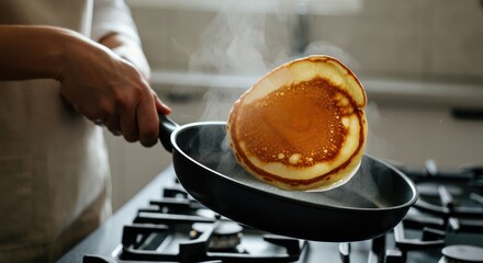 Person flipping golden pancake in frying pan, steam rising