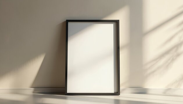 Elegant frame mockup leaning against wall. A3 A4 size. Shadow play adds depth, dimension. Blank white paper, minimalist design. Natural light, clean lines. Ideal for art, photos, graphic design