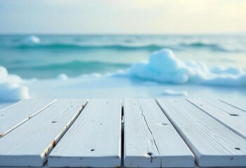 Wooden table top with blurred sea background, ideal for product display, mockups, and presentations.