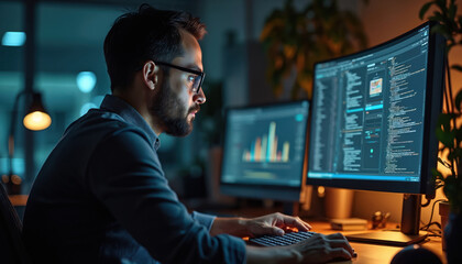 Programmer works at night. Man with glasses looks at monitor, typing on keyboard. Modern tech in dark office. Coding, programming, data analysis, web development or cyber security concept.