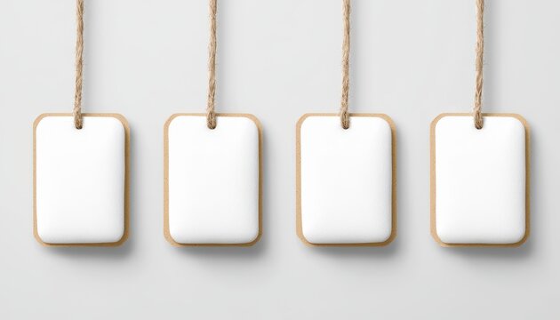 Four blank tags hanging on strings, perfect for labeling or creative projects.