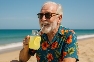 Smiling elderly man in tropical shirt drinking lemonade on beach, enjoying retirement in summer holidays.