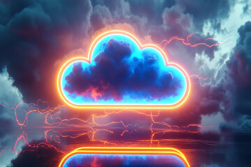 Neon cloud icon with glowing orange frame, set against a stormy sky backdrop, reflecting on a surface below. Showcases technology, data, or digital concepts. Free space for text