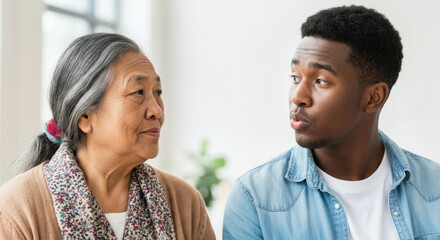 Fototapeta premium African young adult male and asian mature female engaging in conversation indoors