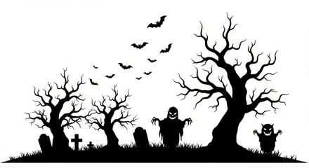 Creepy silhouettes of ghouls and bats in a graveyard setting  