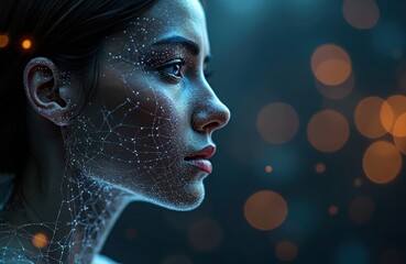 Woman face with digital web. AI deepfake technology, digital security, future, identity. Futuristic cybernetic network on human skin. Concept of artificial intelligence data analysis, personal