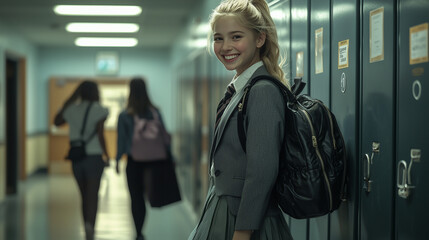 Stylish teenage girl in elite school uniform laughing with friends by locker in hallway
