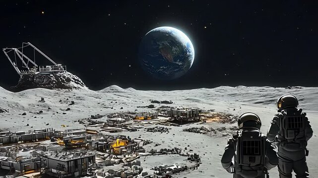 Lunar Base Exploration with Astronauts, Earth View, Advanced Structures, Moon Surface, and Starry Cosmic Background

