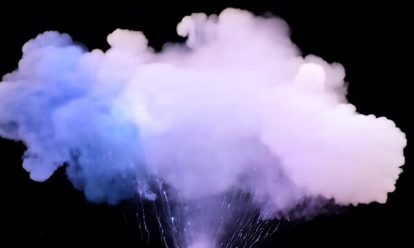 Series of spectacular explosions isolated on a black background. A dynamic composition of subsequent detonating bright colorful explosions, shock waves and puffs of smoke filling the space