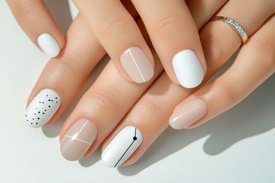 Woman hands with oval shaped nails featuring trendy geometric nail art design. Female hands white white and nude colors manicure with minimalistic pattern