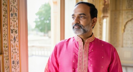 Mature asian male in traditional pink attire standing near ornate architecture