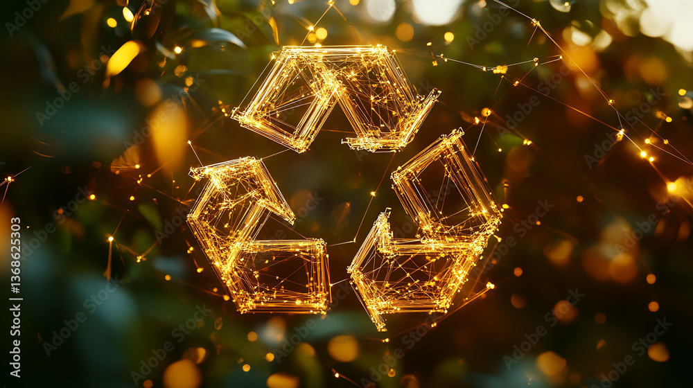 Poster golden recycle symbol, glowing lines, bokeh background, nature backdrop, symbolizing sustainable pra