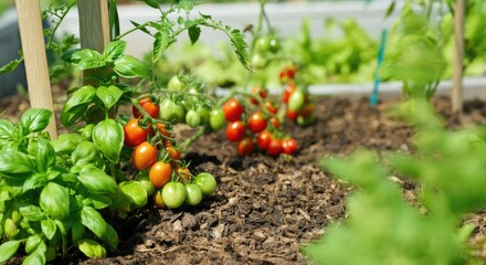 Fresh tomatoes and basil growing in organic garden