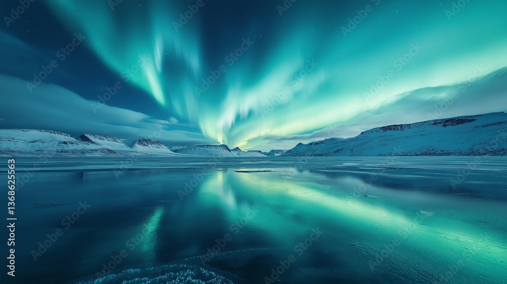 Poster a frozen lake reflecting an aurora borealis in surreal clarity