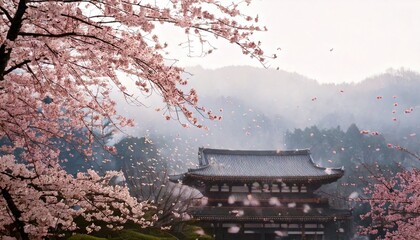 Fototapeta premium Soft-focus sakura blossoms falling with a temple backdrop