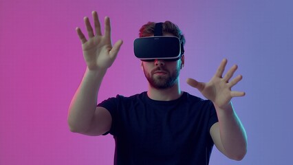 Man wearing vr headset interacts with virtual environment in studio setting with gradient background details