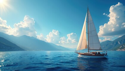 Fototapeta premium Sailboat sailing in sea. Sunny evening light over ocean. Blue water, big mountains background. Luxury summer adventure, active vacation at Mediterranean sea. Travel tourism yachting, wind, ocean
