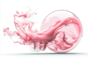 Fototapeta premium A close-up of a giant pink bubble gum balloon popping, thin gum strands stretching and curling as they snap, ultra-detailed textures, hyperrealistic, high-speed photography, isolated on a 100% white 