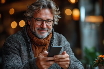 Smiling middle-aged man using smartphone in a cozy home kitchen setting