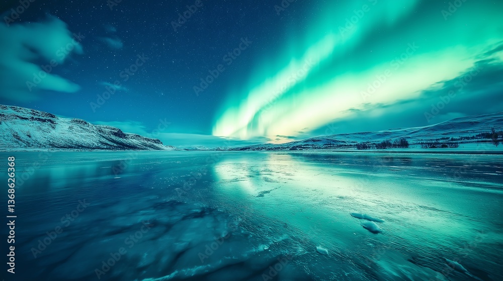 Poster a frozen lake reflecting an aurora borealis in surreal clarity