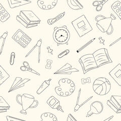 A set of hand-drawn school supplies icons. Education design elements. Vector illustration.
