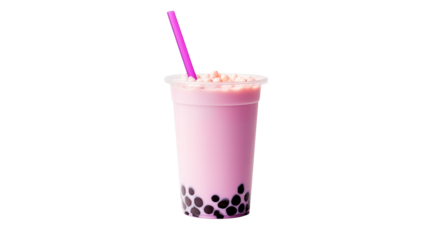 Delicious strawberry milk bubble tea with tapioca pearls and pink straw on black background transparent backgroundisolated on transparent background	
