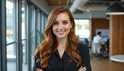 Obraz premium Confident woman smiling in modern office environment 