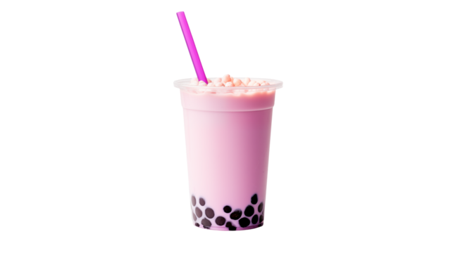 Delicious strawberry milk bubble tea with tapioca pearls and pink straw on black background transparent backgroundisolated on transparent background	