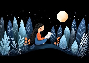 Girl reading book under moonlit night sky.