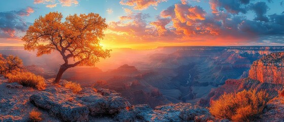 Fototapeta premium Golden sunset over canyon, lone tree silhouetted.