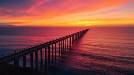 Obraz premium A golden bridge extending into a vibrant sunset over the ocean