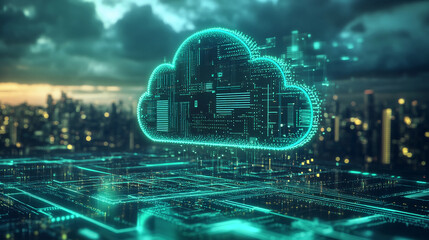Teal digital cloud icon over circuit board, showcasing technological innovation and cloud computing concept, ideal for tech or data-related projects