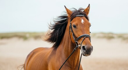Obraz premium Majestic brown horse with bridle on windswept beach