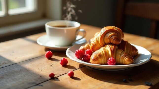 A delightful morning scene featuring freshly baked croissants, a steaming cup of coffee, and a scattering of ripe raspberries on a sun-drenched wooden table