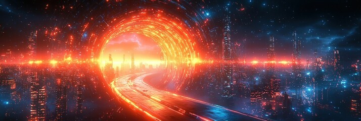Obraz premium Futuristic city road enters glowing portal