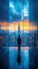 Fototapeta premium Man contemplates city sunset view from skyscraper